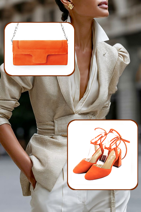 Women's clementine orange elegant closed-toe heels, with crossed straps. Round toe. High flare heels - Top view